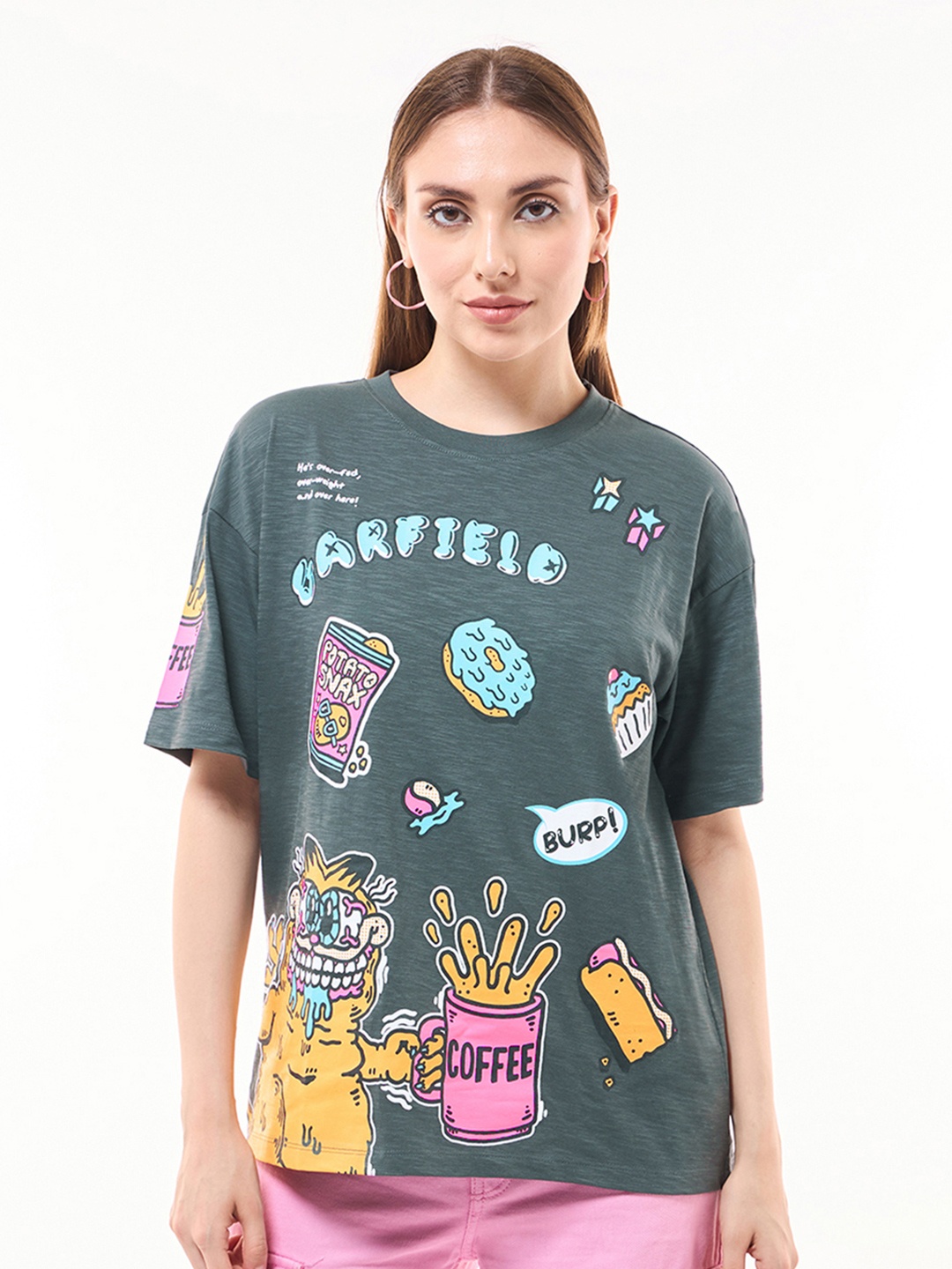 

Bewakoof Air 1.0 Women Grey Garfield Burp Graphic Printed Oversized T-shirt