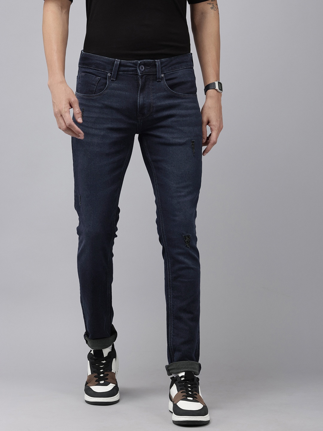 

SPYKAR Men Skinny Slim Fit Low-Rise Ripped Light Fade Stretchable Jeans, Blue