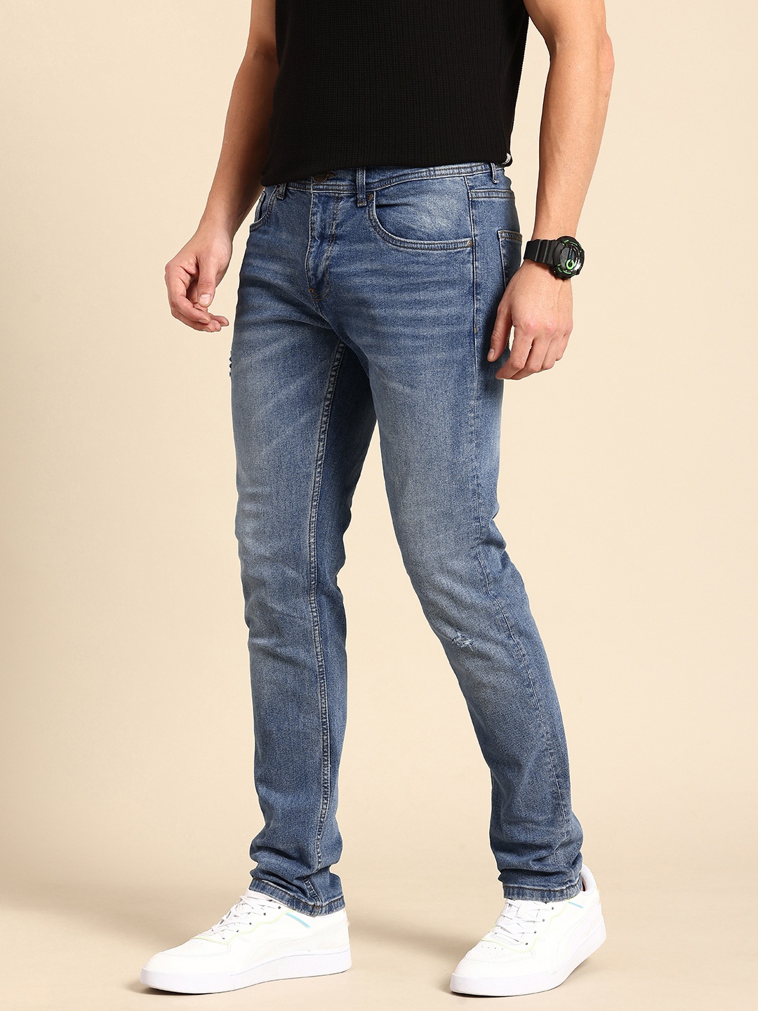 

Being Human Men Slim Fit Low Distress Light Fade Stretchable Jeans, Blue