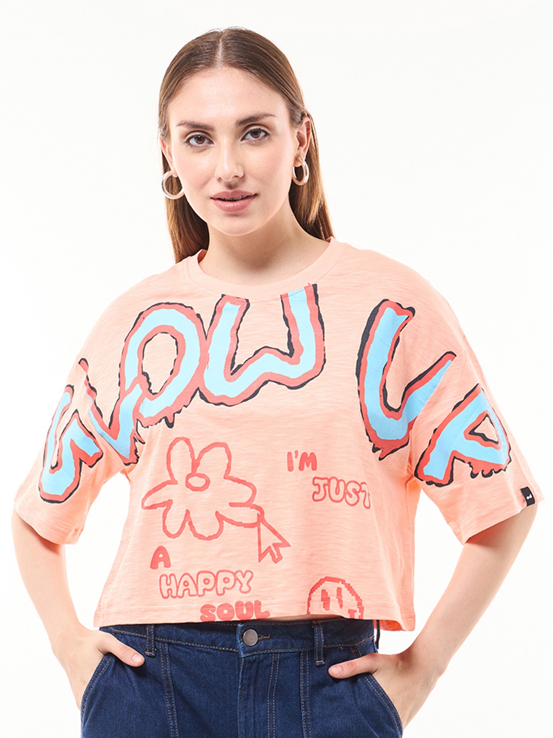 

Bewakoof Air 1.0 Women Glow Up Graphic Printed Oversized Short Top, Peach