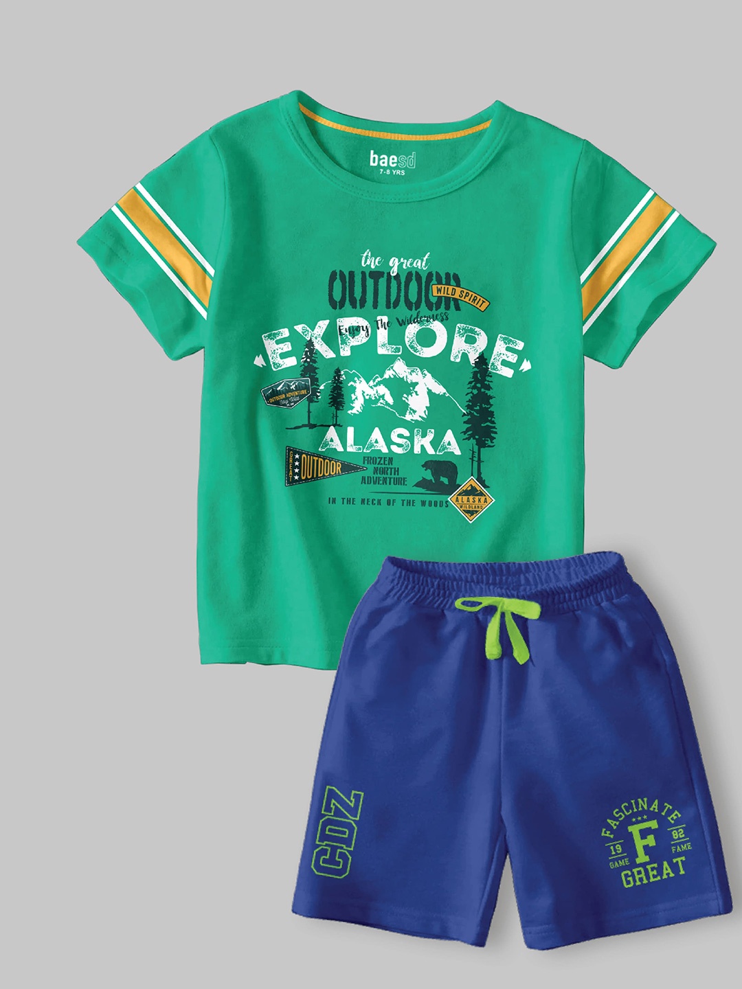 

BAESD Boys Printed Round Neck Short Sleeves Cotton Blend T-shirt With Shorts, Green