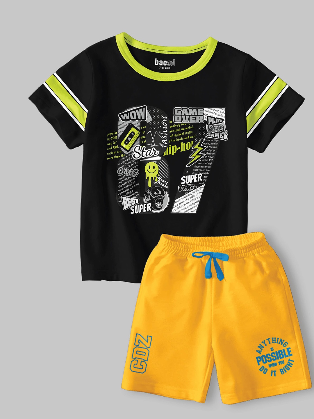 

BAESD Boys Printed Round Neck Regular Cotton Blend T-shirt with Shorts, Yellow