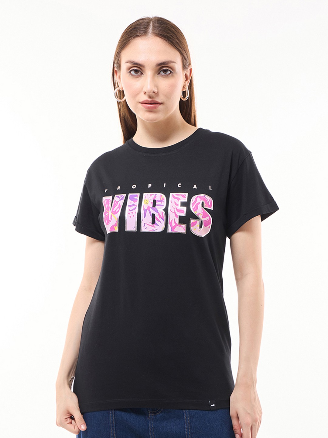 

Bewakoof Women Typography Printed Round Neck Pure Cotton Relaxed Fit T-shirt, Black