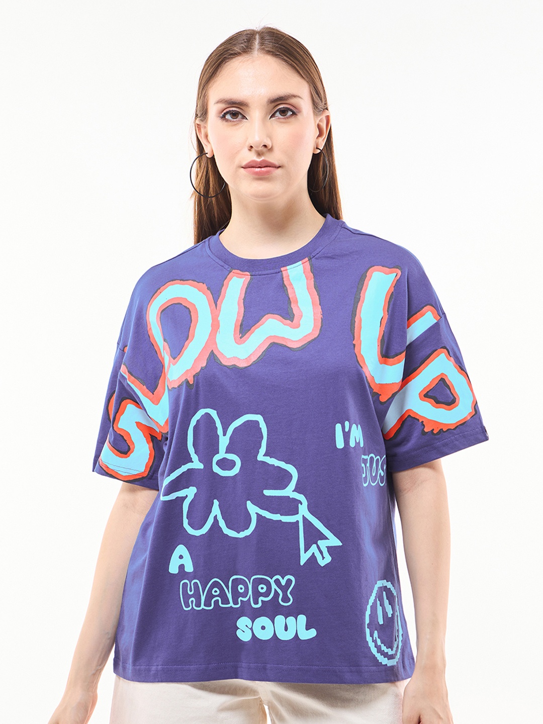 

Bewakoof Women's Skipper Blue Glow Up Graphic Printed Oversized T-shirt