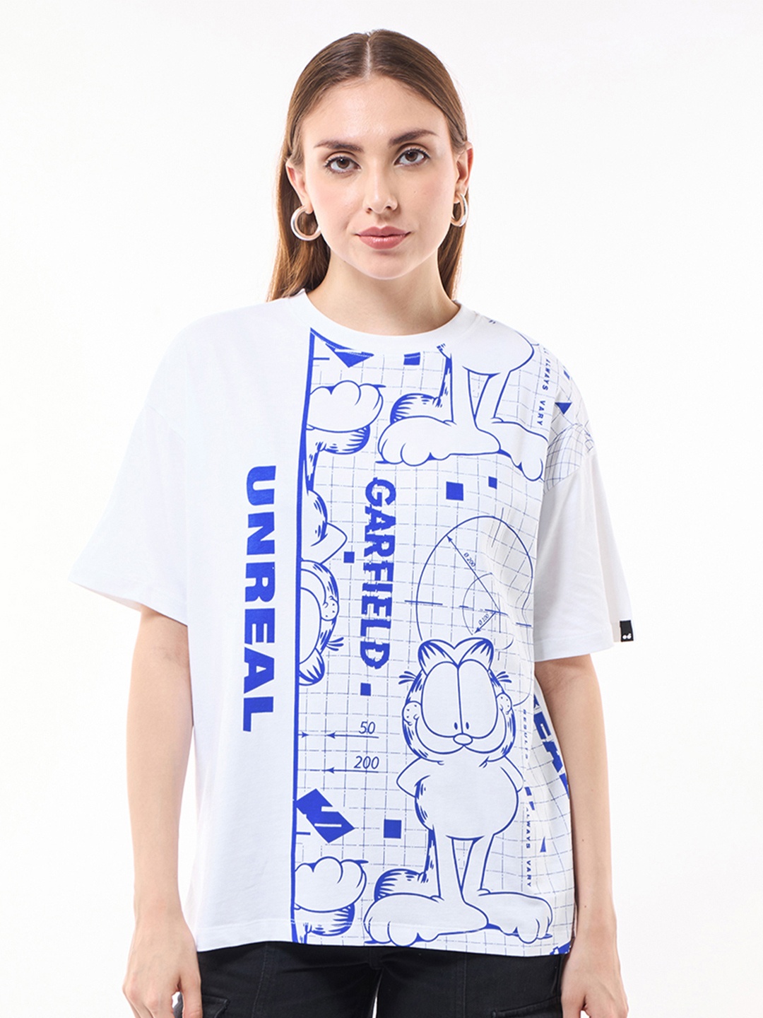 Bewakoof Women Graphic Printed Round Neck Pure Cotton Oversized T-shirt, White