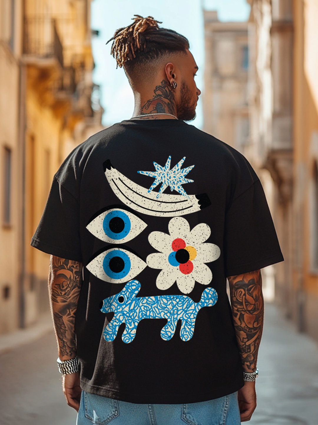 

VEIRDO Men Graphic Printed Round Neck Pure Cotton Oversized T-shirt, Black