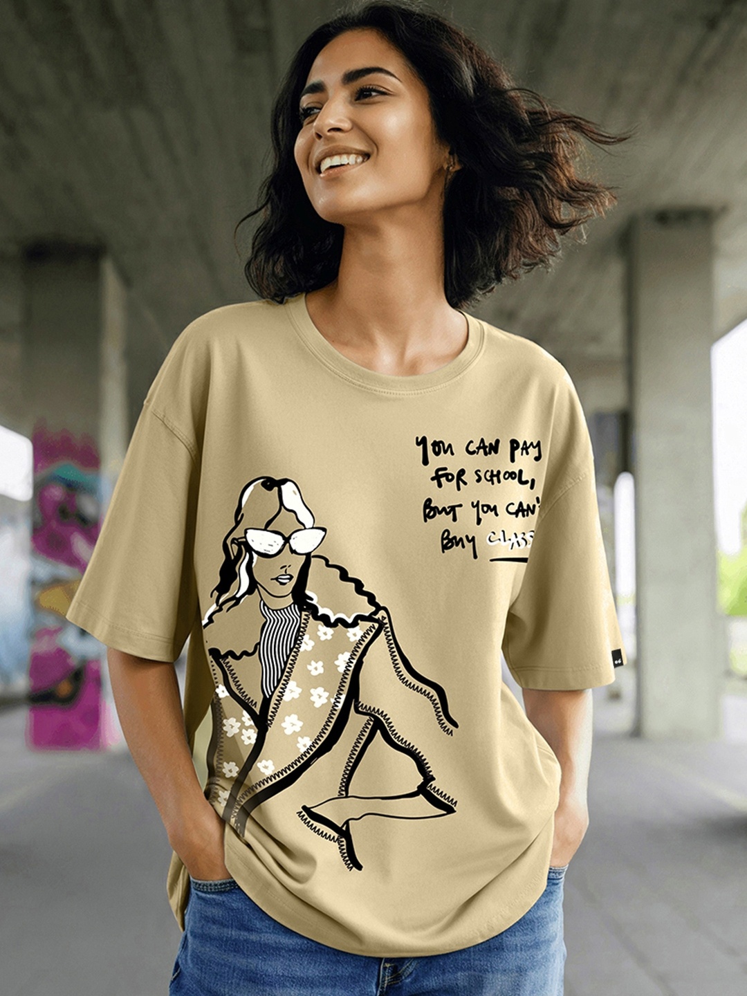 

Bewakoof Women Graphic Printed Round Neck Pure Cotton Oversized T-shirt, Brown
