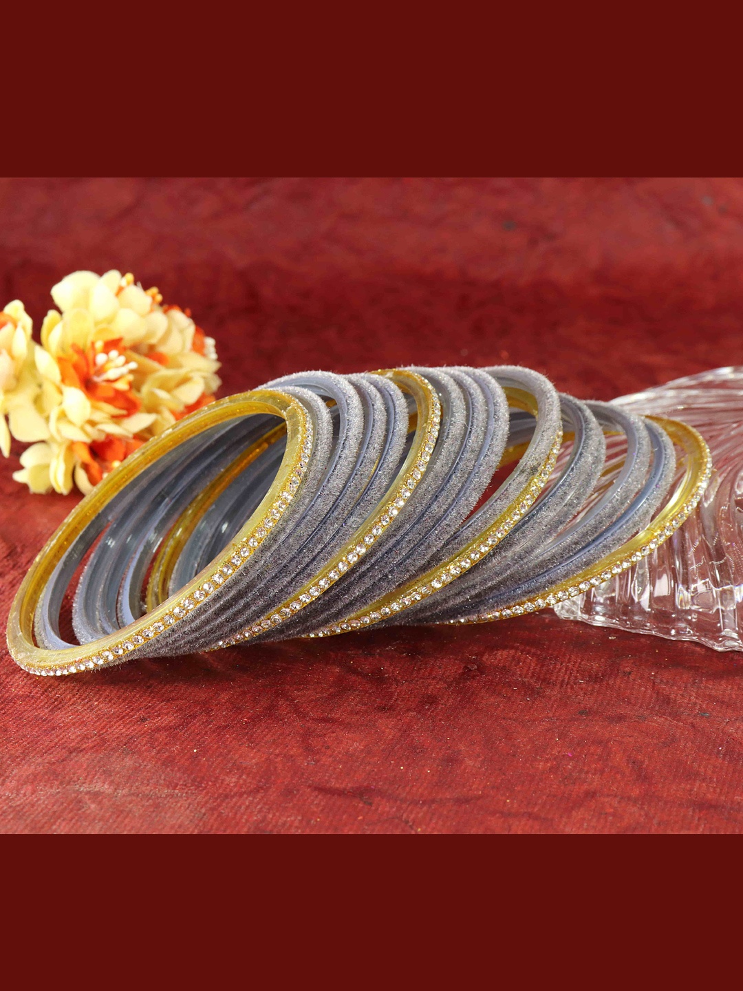 

NMII Set Of 32 Zircon Stone Studded Velvet Bangles, Grey