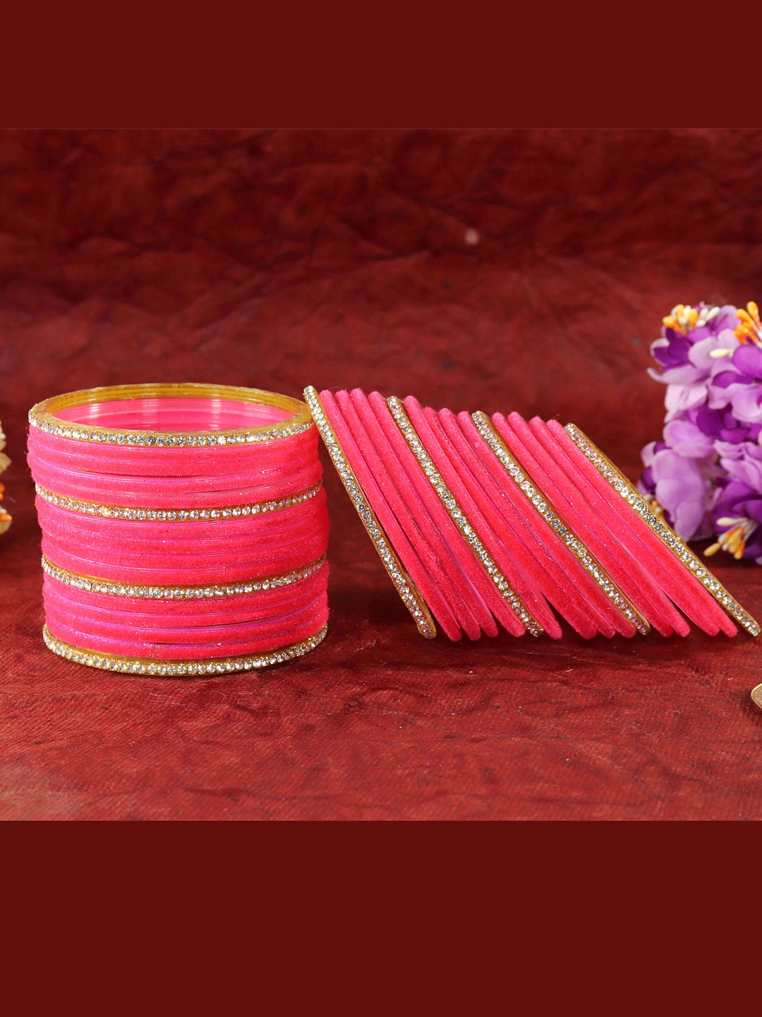 

NMII Set Of 32 Artificial Stones Velvet Bangles, Pink