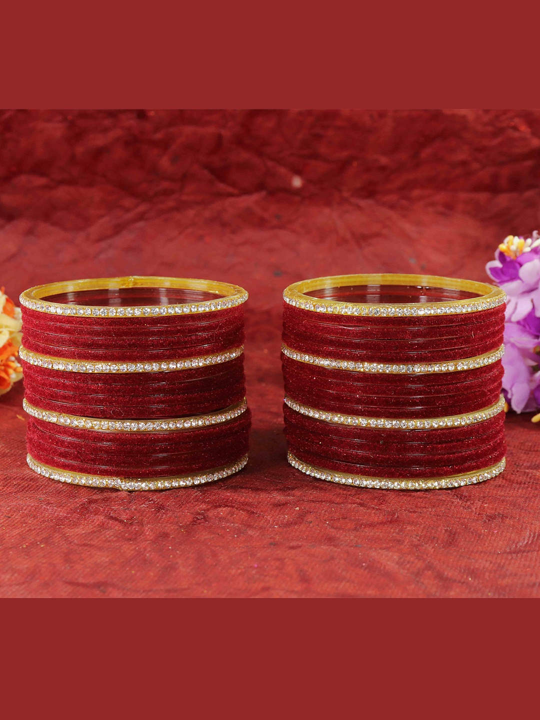 

NMII Set Of 32 Artificial Stones Velvet Bangles, Maroon