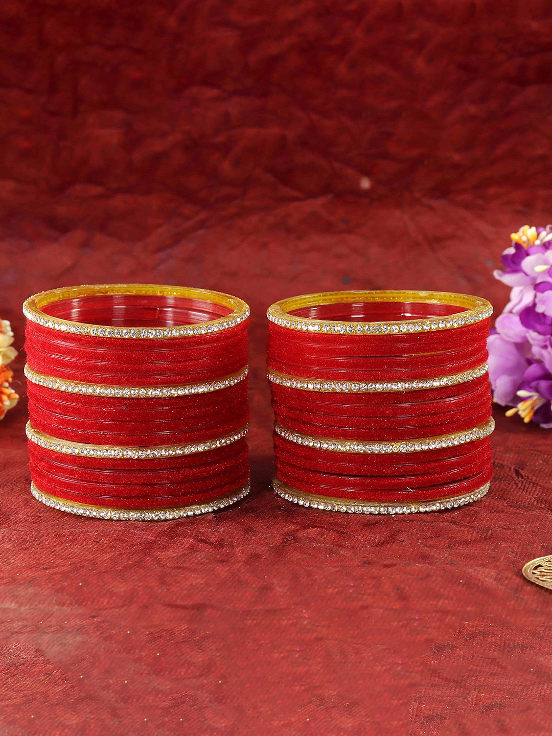 

NMII Set Of 32 Artificial Stones Velvet Bangles, Red