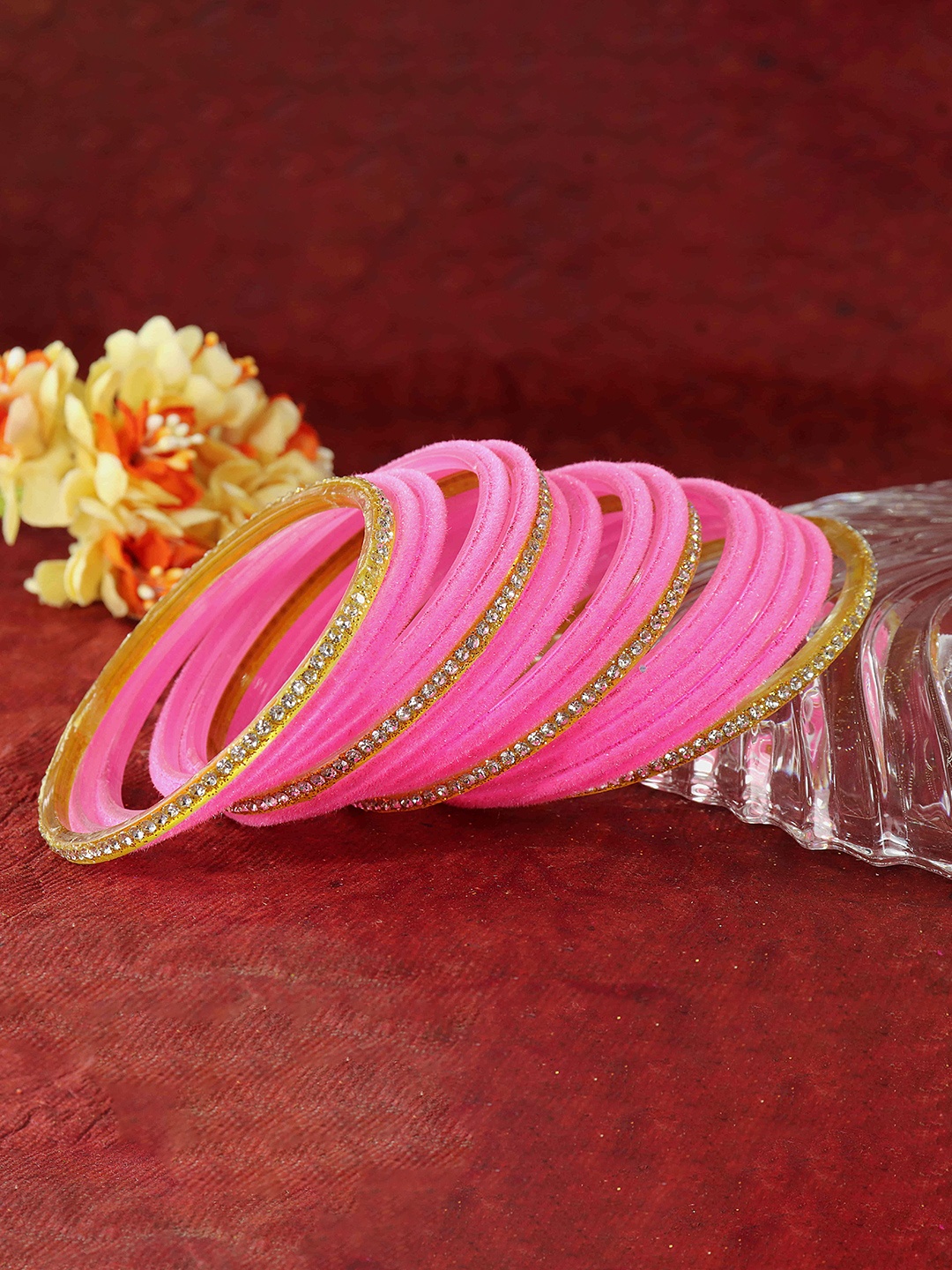 

NMII Set Of 32 Zircon Stone Studded Velvet Bangles, Pink