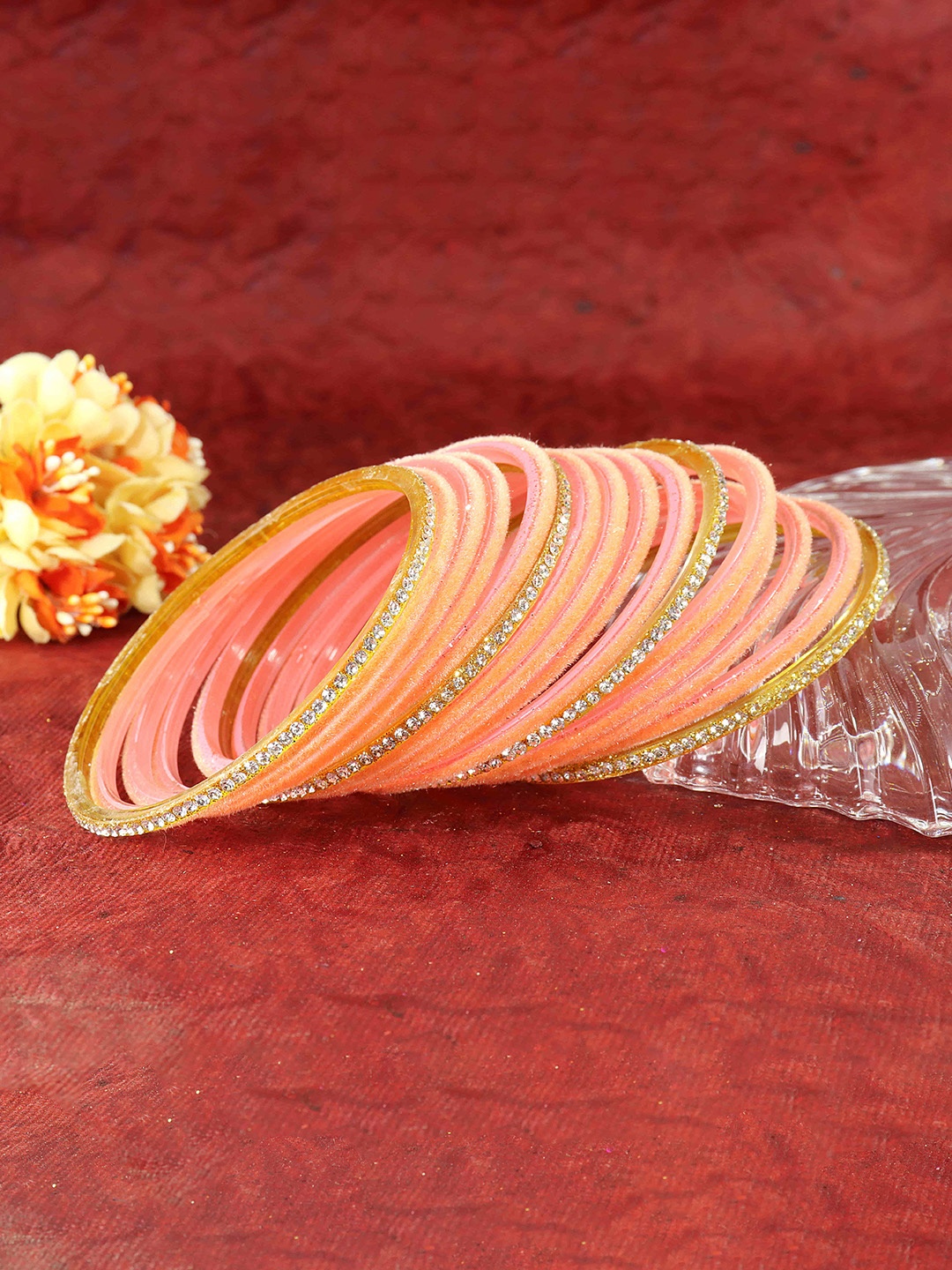 

NMII Set Of 32 Artificial Stones Velvet Bangles, Peach