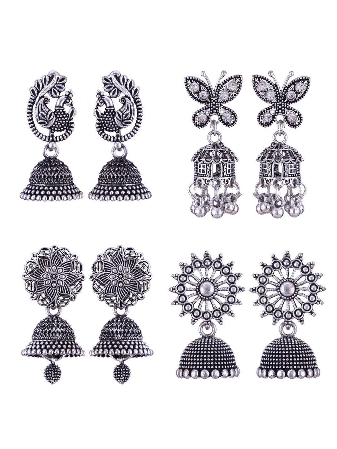 

DIVASTRI Set Of 4 Silver-Plated Peacock Shaped Oxidised Jhumkas