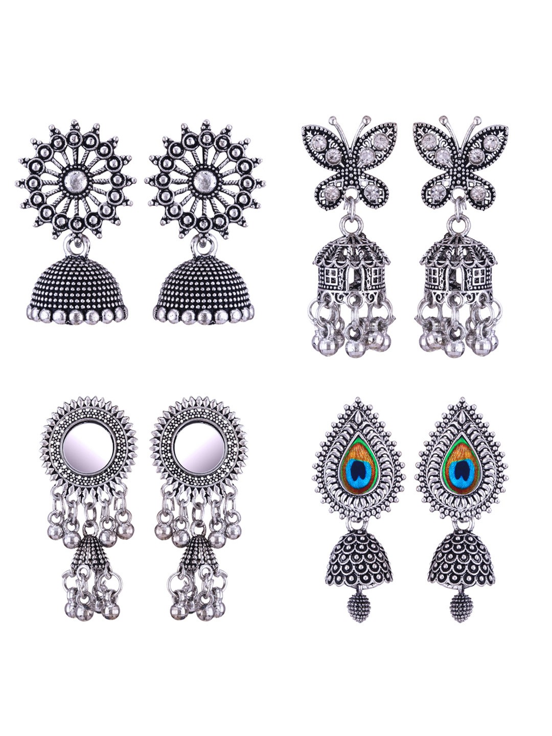 

DIVASTRI Set Of 4 Silver-Plated Peacock Shaped Oxidised Jhumkas