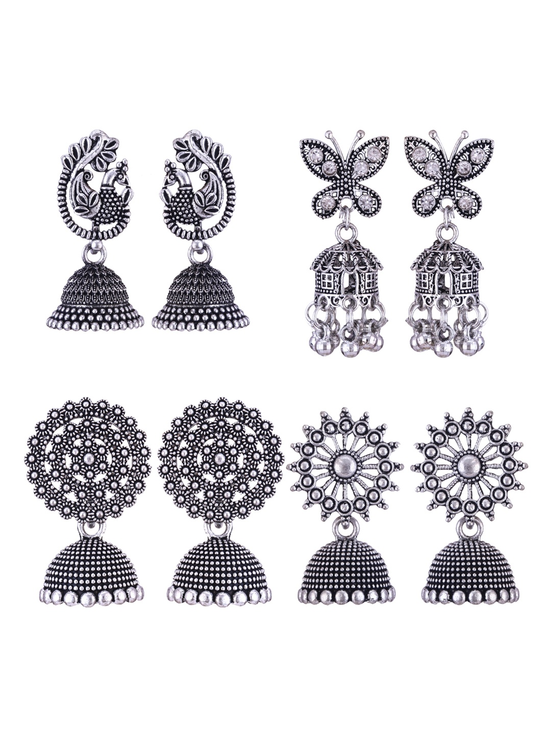 

DIVASTRI Set of 4 Silver-Plated Peacock Shaped Stones and Beaded Jhumkas Earrings