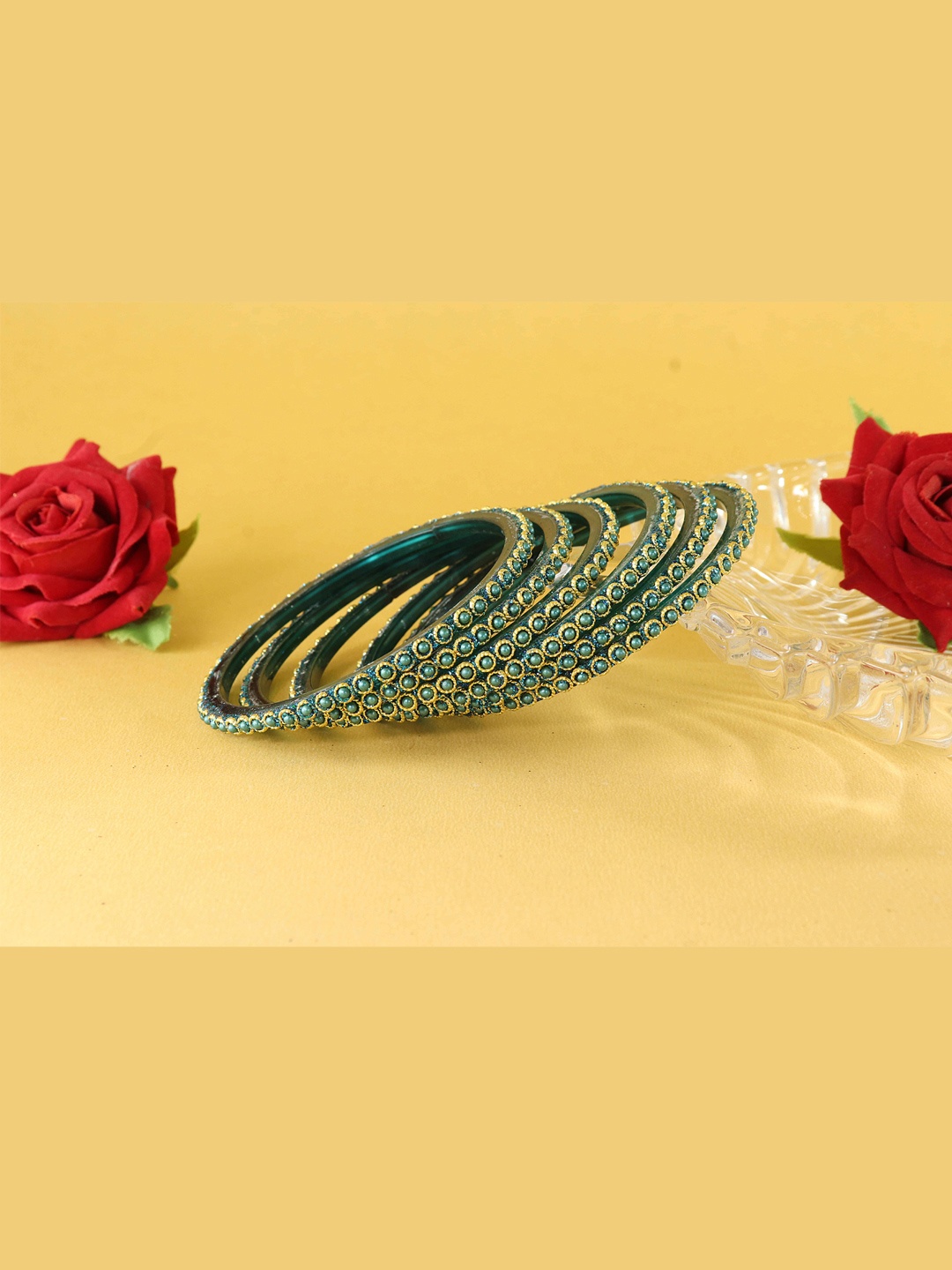 

NMII Set Of 12 Beaded & Moti Work Bangles, Teal