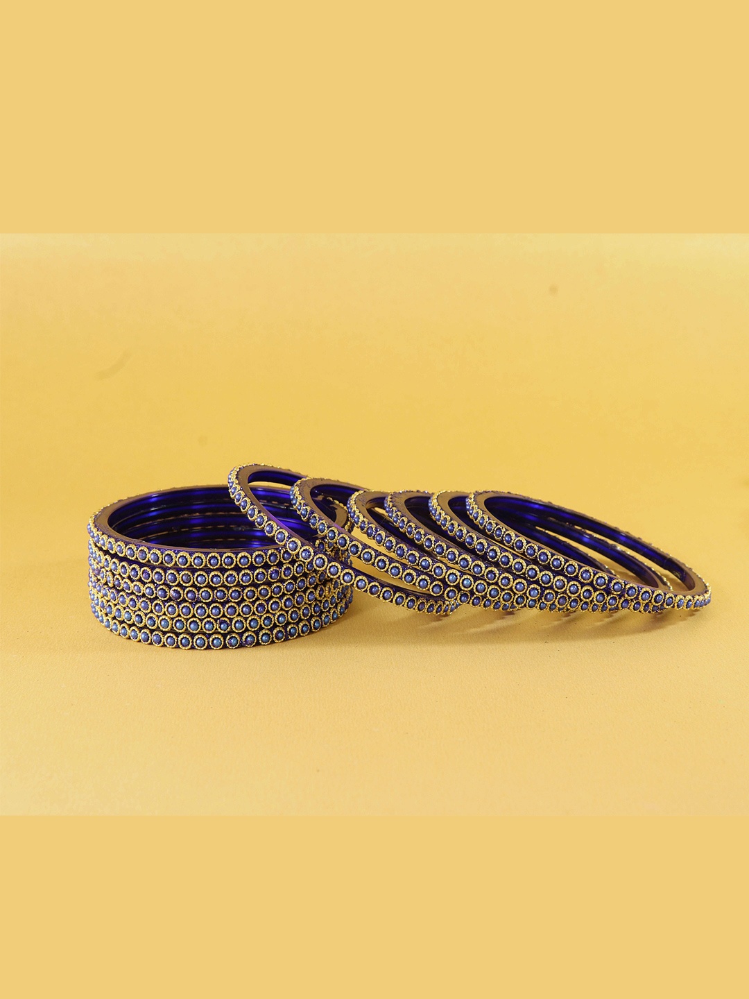 

NMII Set Of 12 Beaded & Moti Work Glass Bangles, Blue
