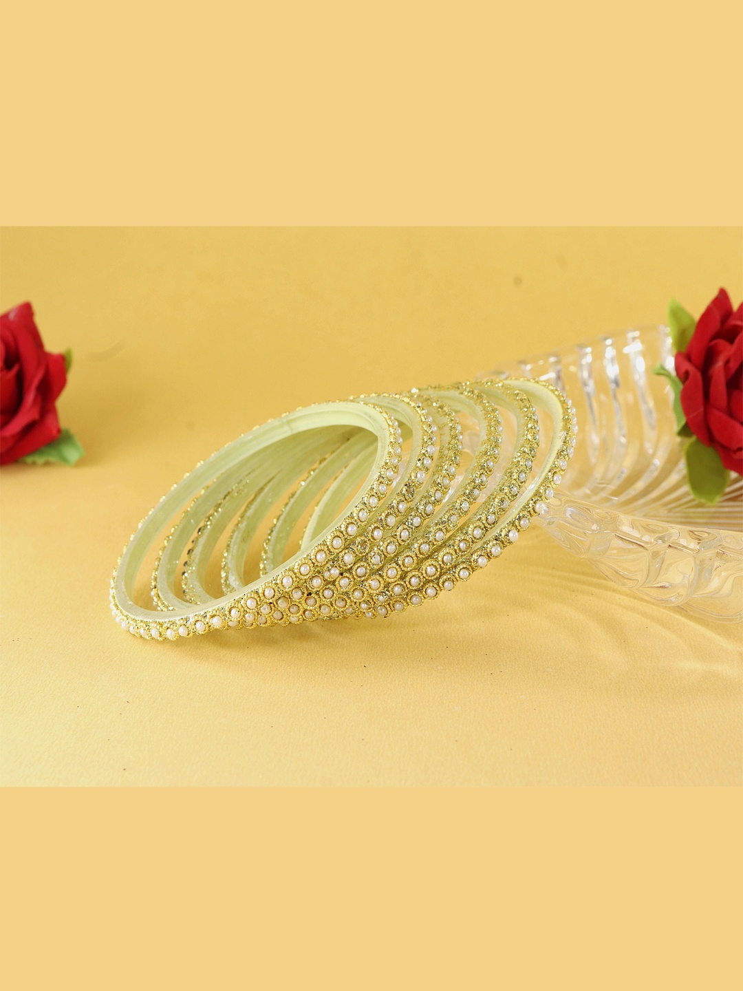 

NMII Set Of 12 Beaded & Moti Work Glass Bangles, Cream