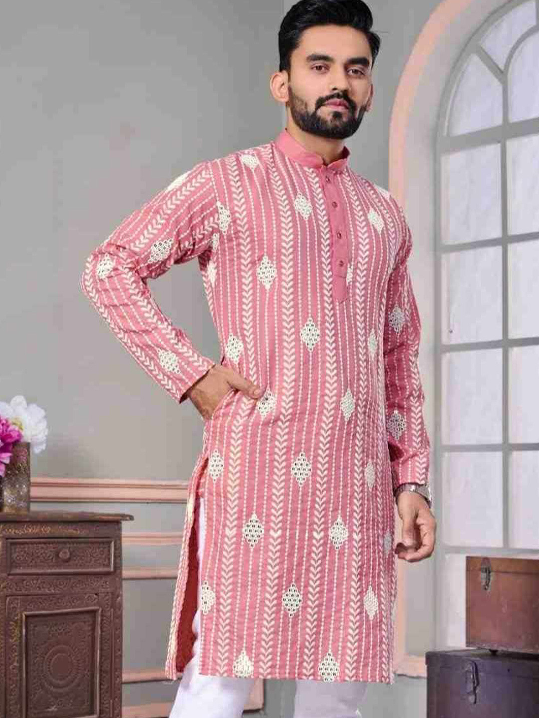 

FoxDX Floral Embroidered Mandarin Collar Mirror Work Pure Cotton Straight Kurta, Pink