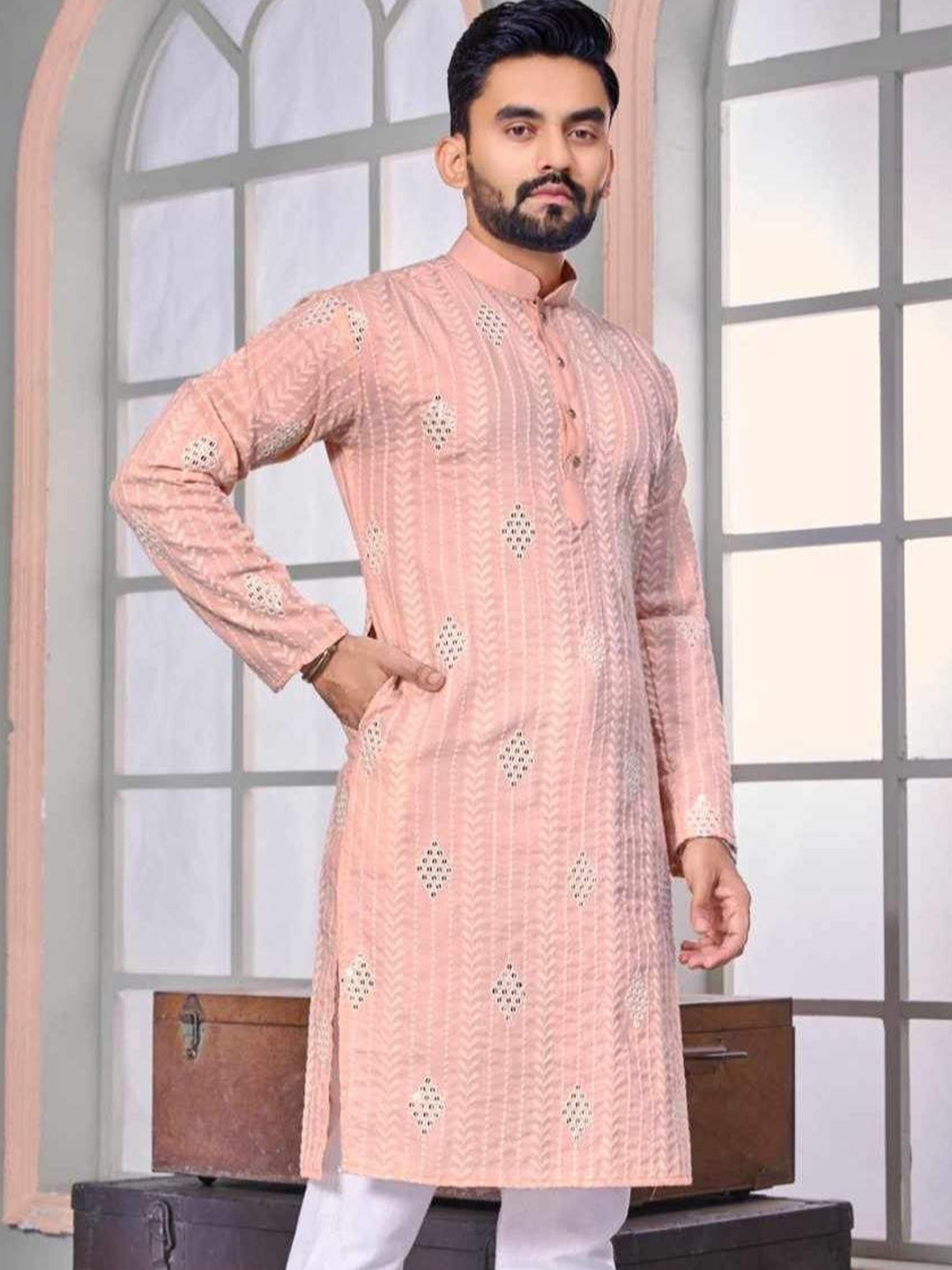 

FoxDX Floral Embroidered Mandarin Collar Mirror Work Pure Cotton Straight Kurta, Peach