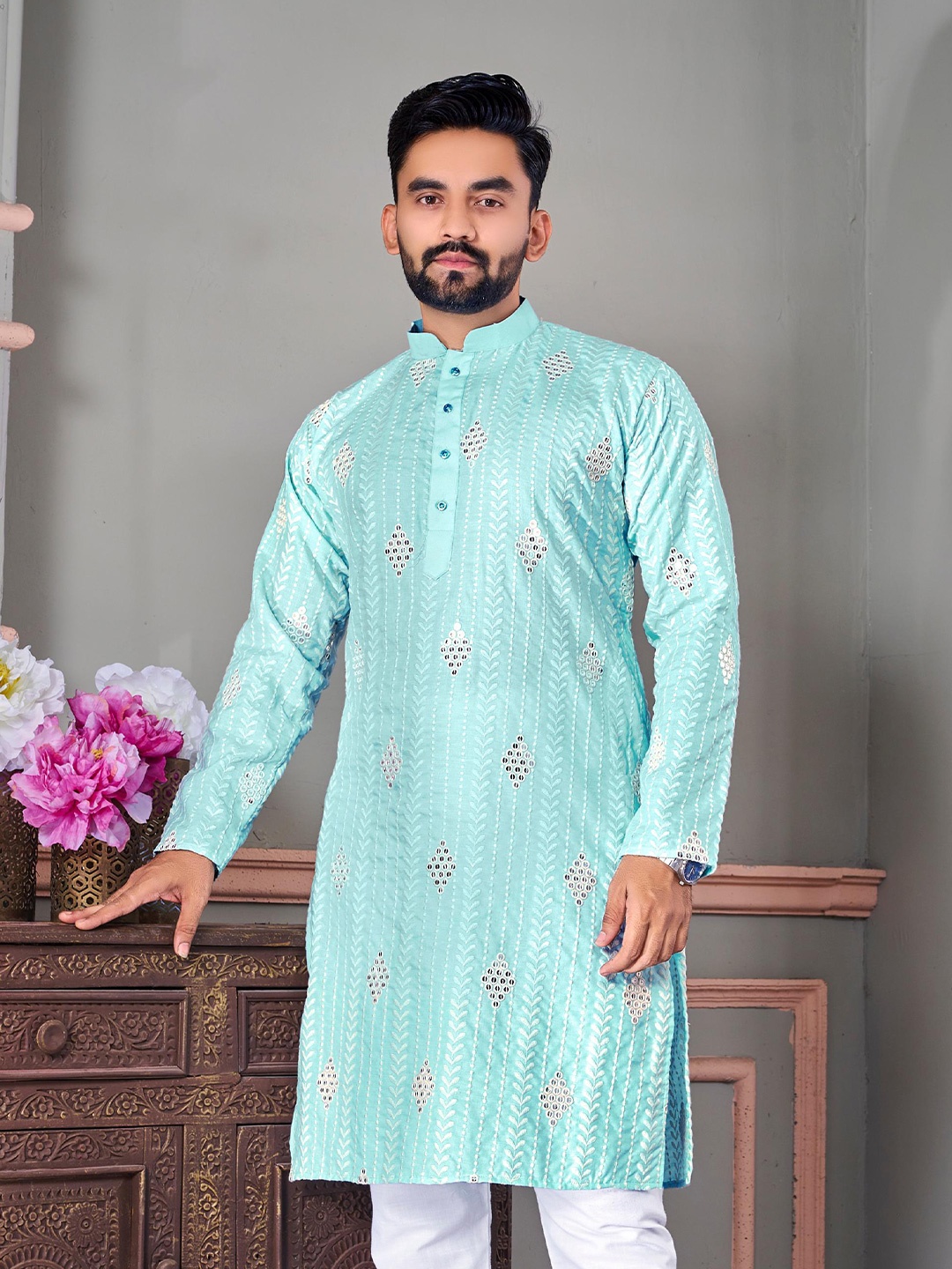 

FoxDX Floral Embroidered Pure Cotton Mirror Work Straight Kurta, Turquoise blue