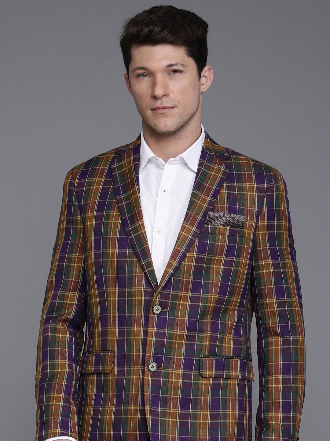 

Theme Men Checked Twill Weave Blazer, Purple