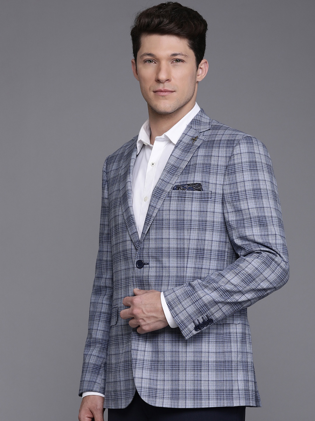 

Theme Men Checked Formal Blazer, Blue