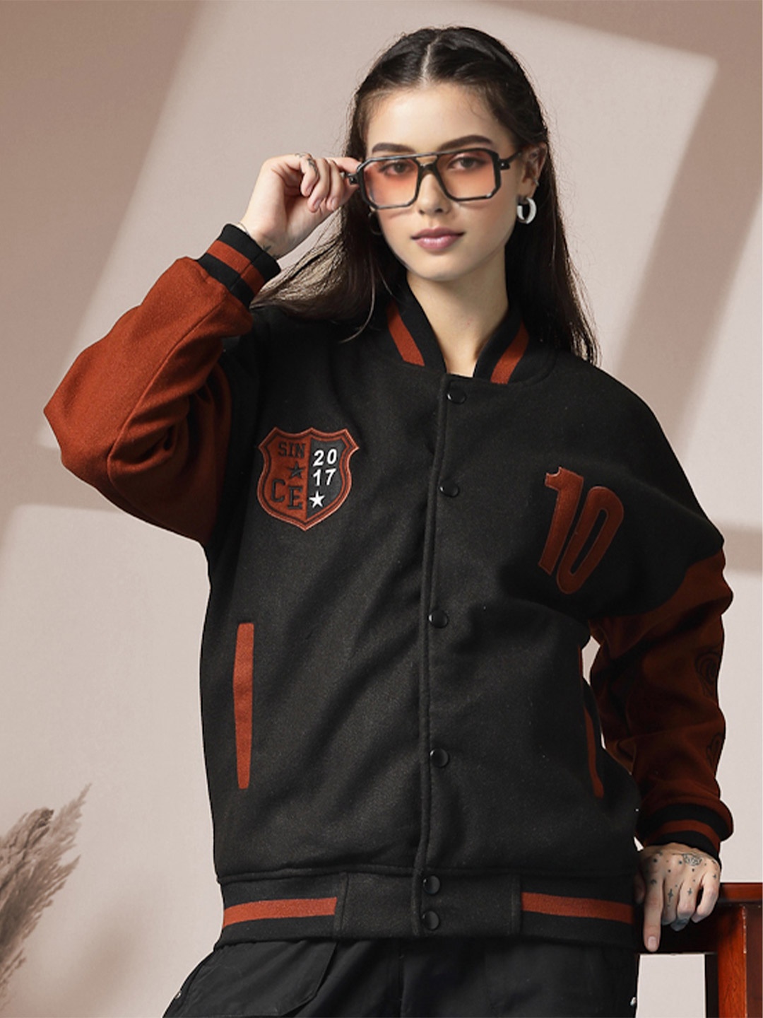 

CHKOKKO Women Woollen Oversized Patchwork Varsity Jacket, Black