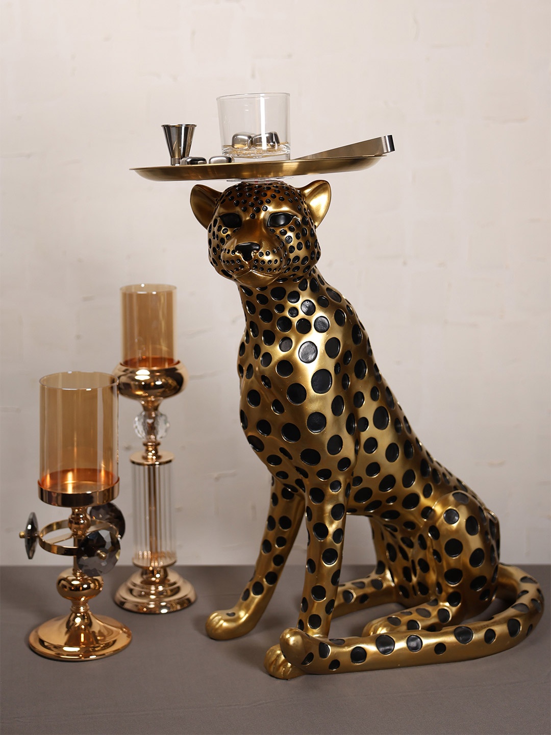 

SMOKEY COCKTAIL Gold-Toned & Black Animals Figurine Fortune Leopard Showpiece