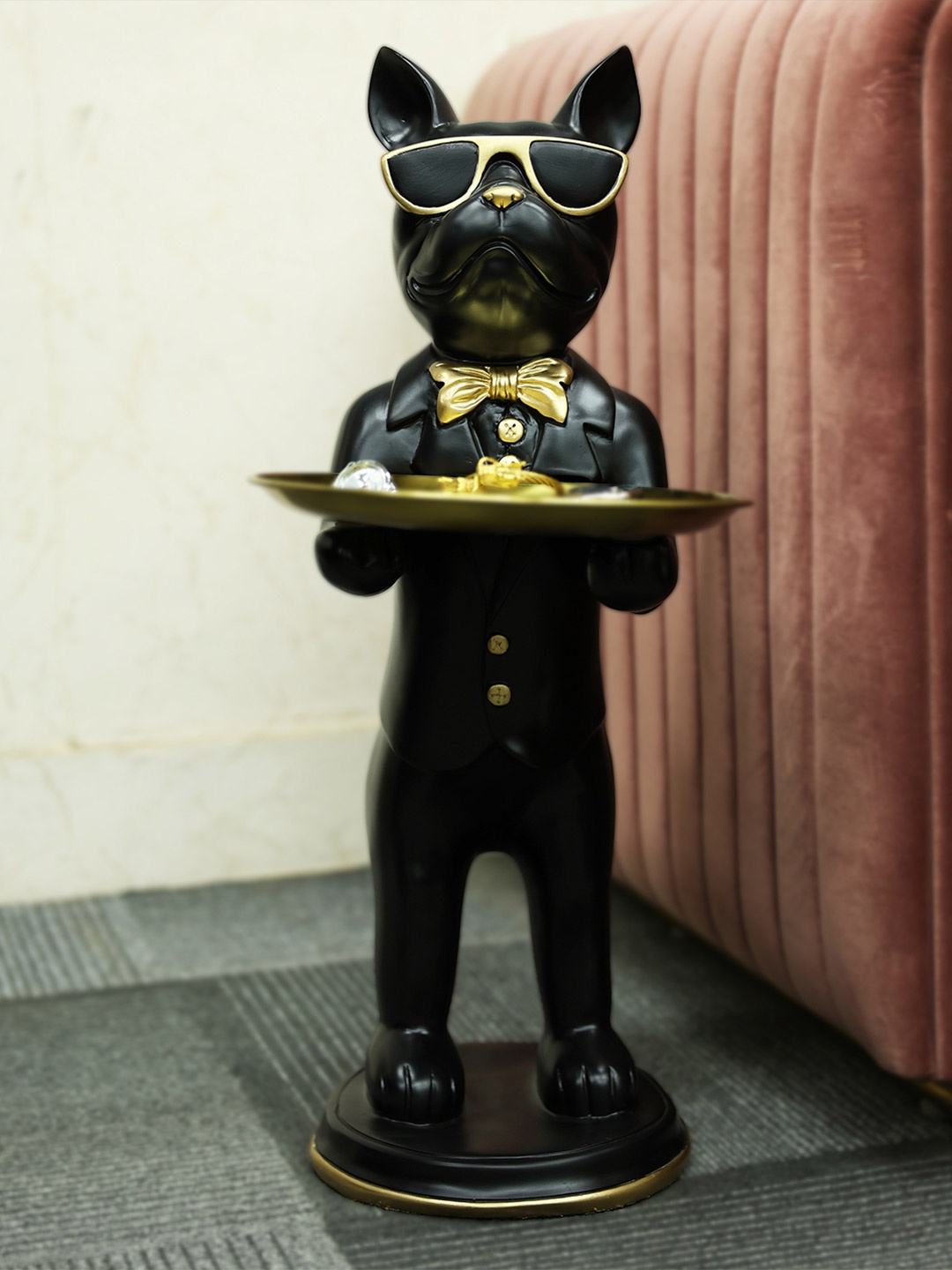 

SMOKEY COCKTAIL Black & Gold Toned Figurine Mr. Funky Sculpture With Tray Showpiece