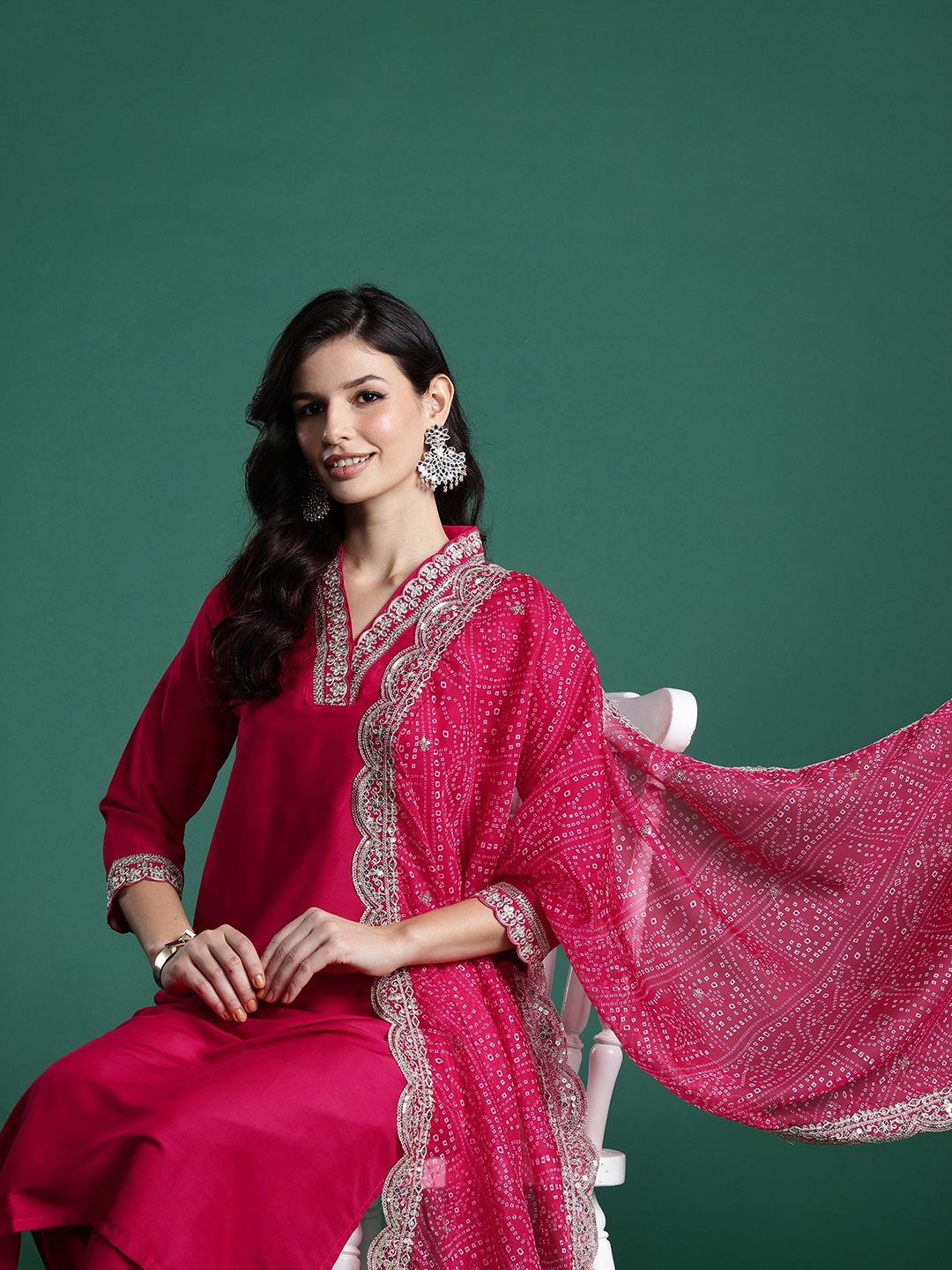 

Indo Era Ethnic Motifs Zari Embroidered Kurta With Trousers & Dupatta, Pink