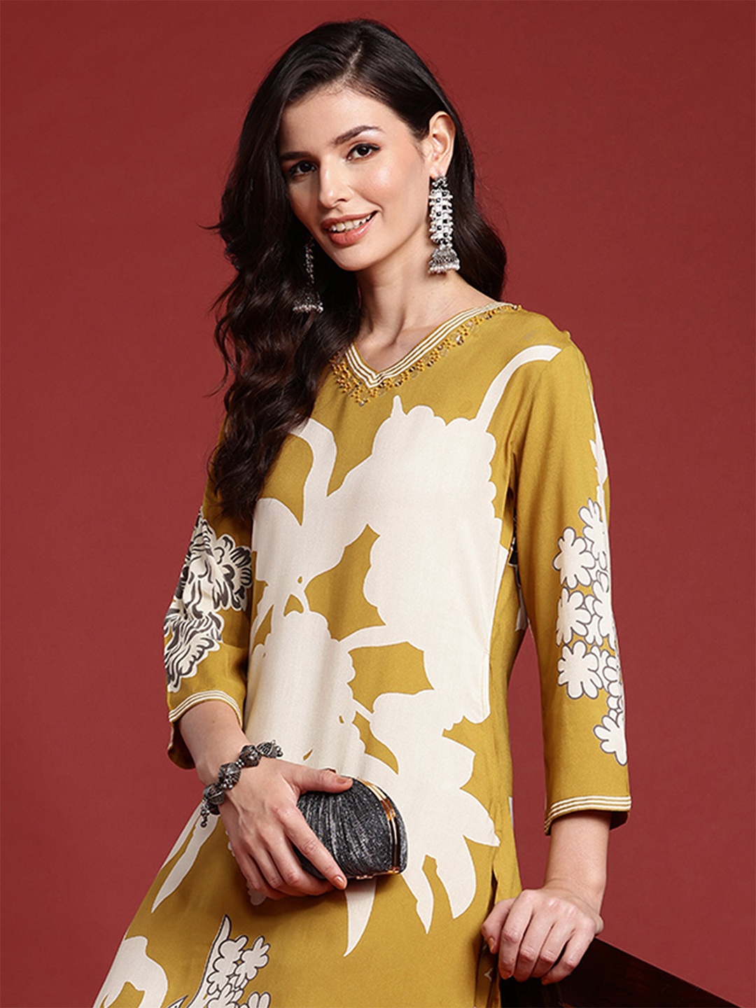 

Indo Era Bold Floral Printed Sequinned Kurta with Salwar Set, Mustard