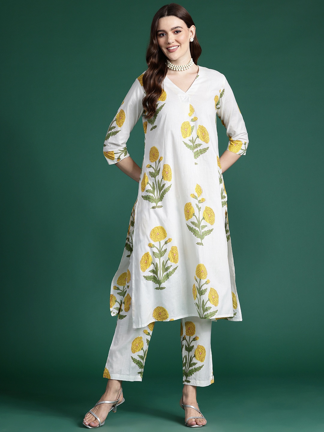 

Indo Era Floral Printed Pleated Pure Cotton Kurta with Trousers, White