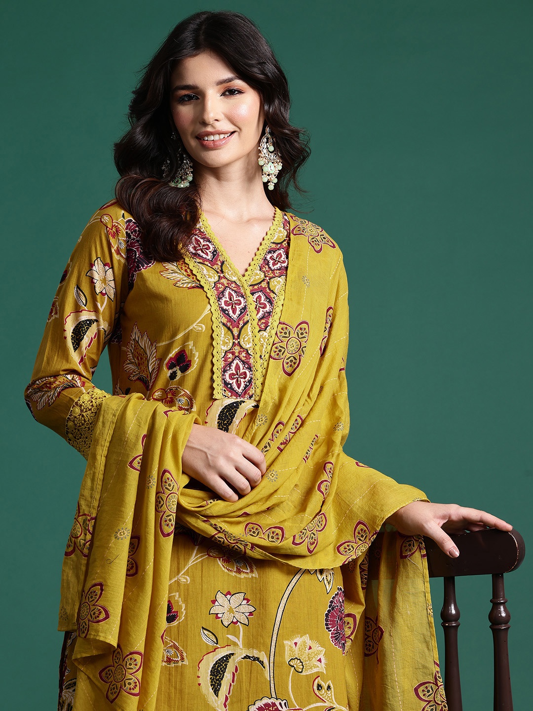 

Indo Era Ethnic Motifs Printed Sequinned Pure Cotton Kurta With Trousers & Dupatta, Mustard