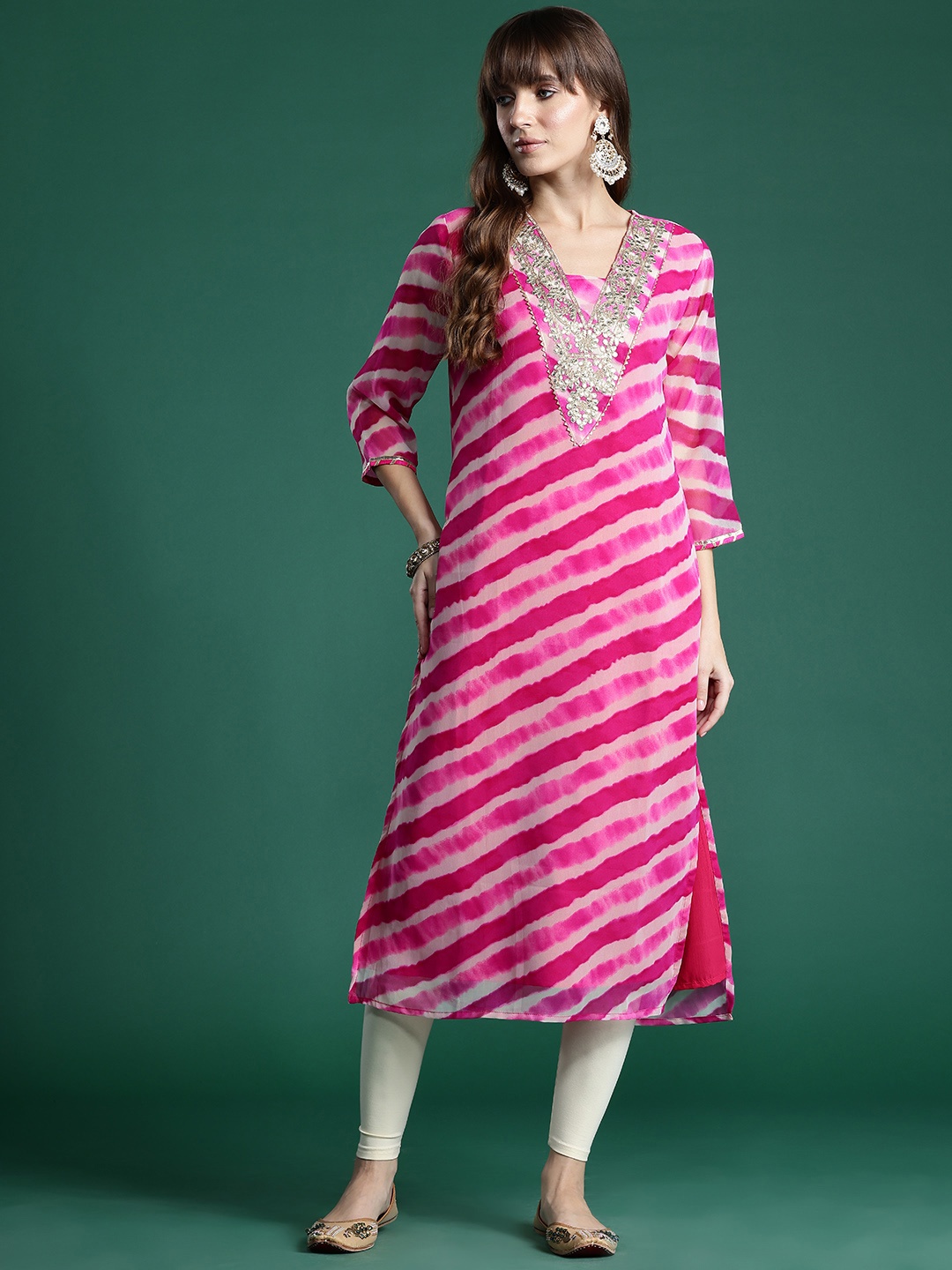 

Indo Era Leheriya Printed Gotta Patti Detailed Embroidered Georgette Kurta, Pink