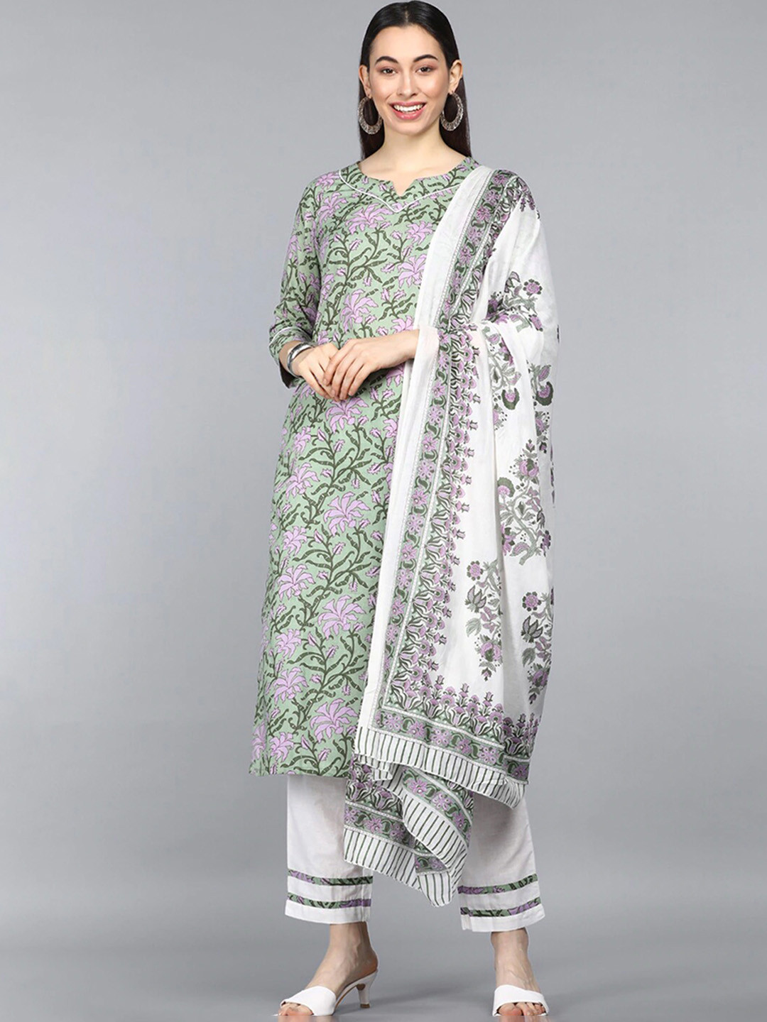 

AHIKA Floral Printed Regular Pure Cotton Straight Kurta with Trousers & Dupatta, Green
