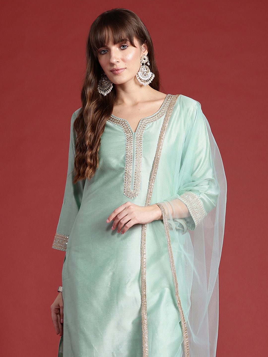

Indo Era Embroidered Sequinned Kurta With Trousers & Dupatta, Sea green
