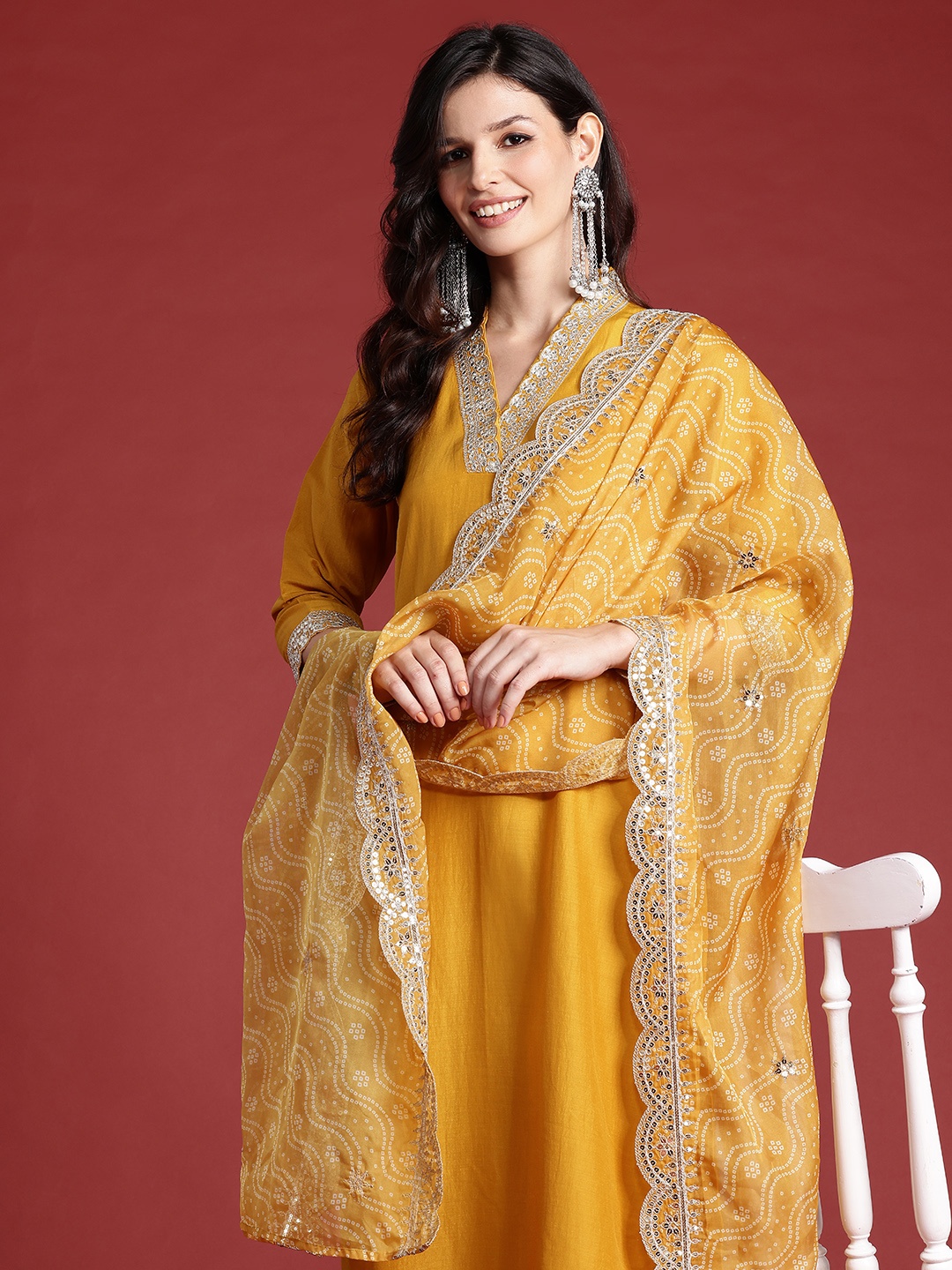 

Indo Era Ethnic Motifs Yoke Design Zari Kurta With Trousers & Dupatta, Mustard