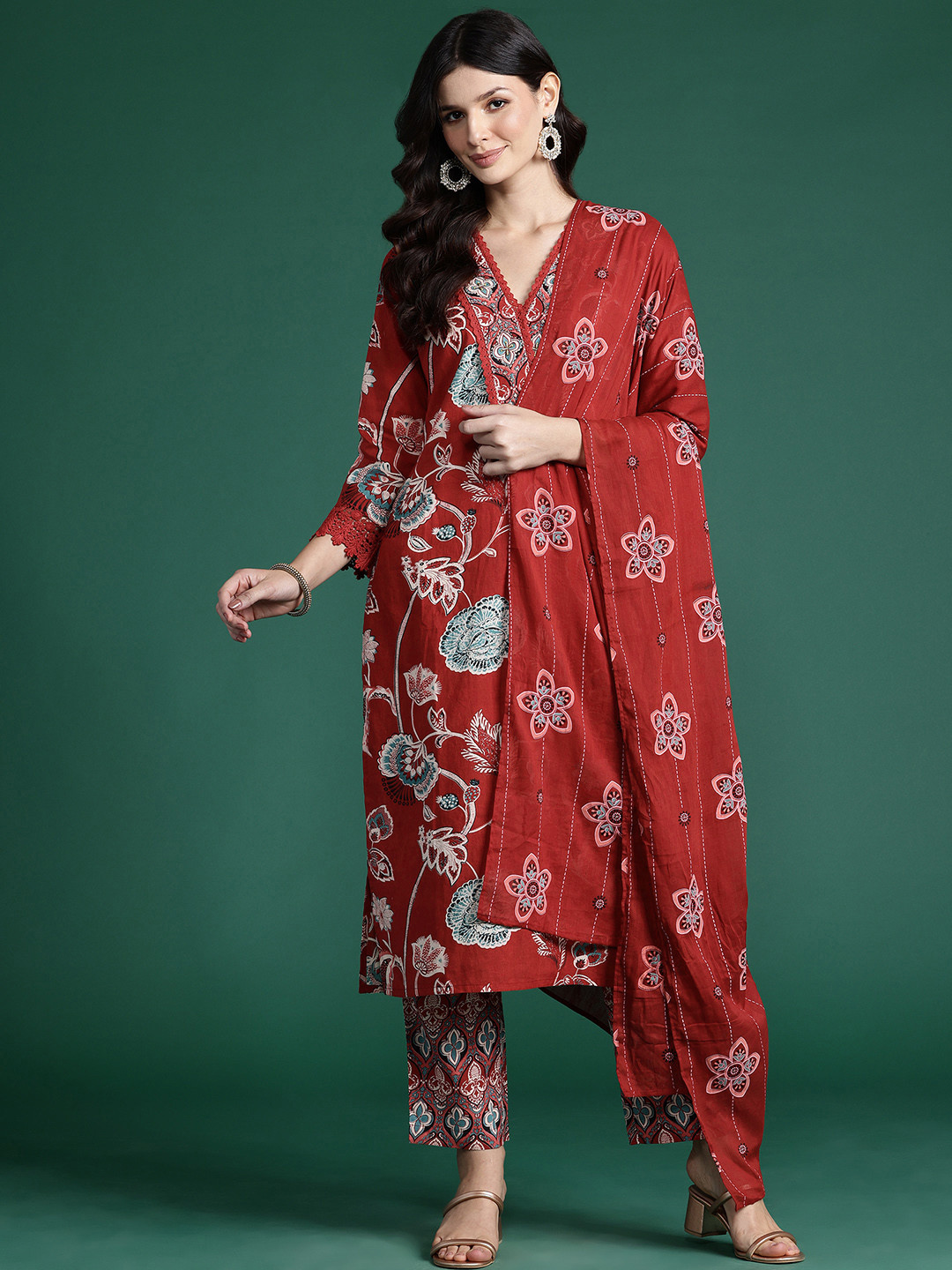 

Indo Era Floral Printed Sequinned Pure Cotton Kurta With Trousers & Dupatta, Red