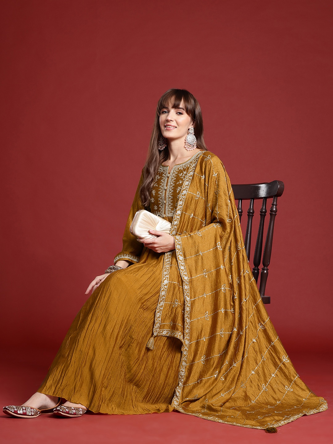 

Indo Era Floral Embroidered Pleated Zari Kurta With Trousers & Dupatta, Mustard