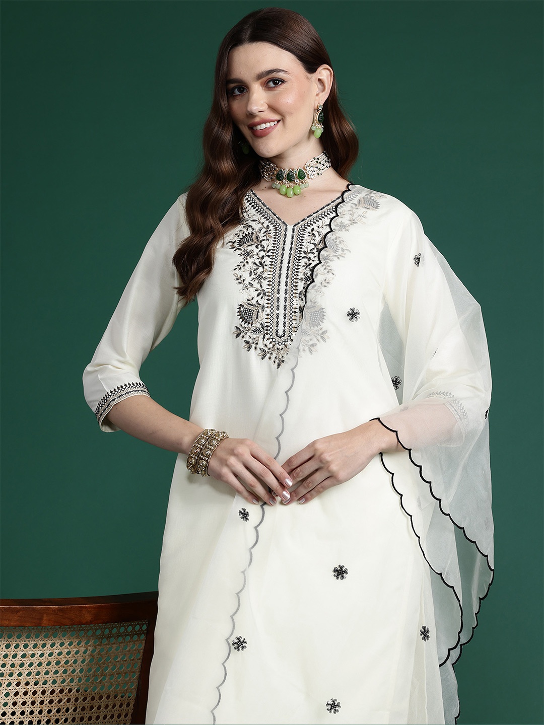 

Indo Era Ethnic Motifs Embroidered Zari Kurta With Trousers & Dupatta, White