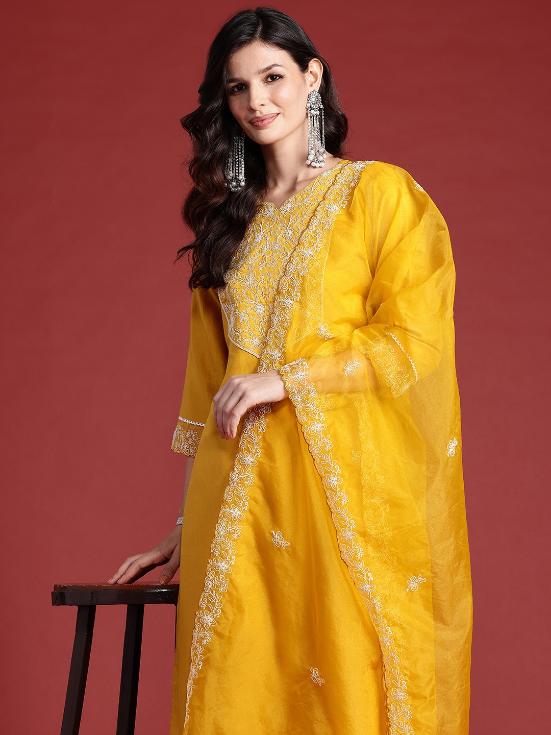 

Indo Era Floral Embroidered Thread Work Kurta with Trousers & Dupatta, Mustard
