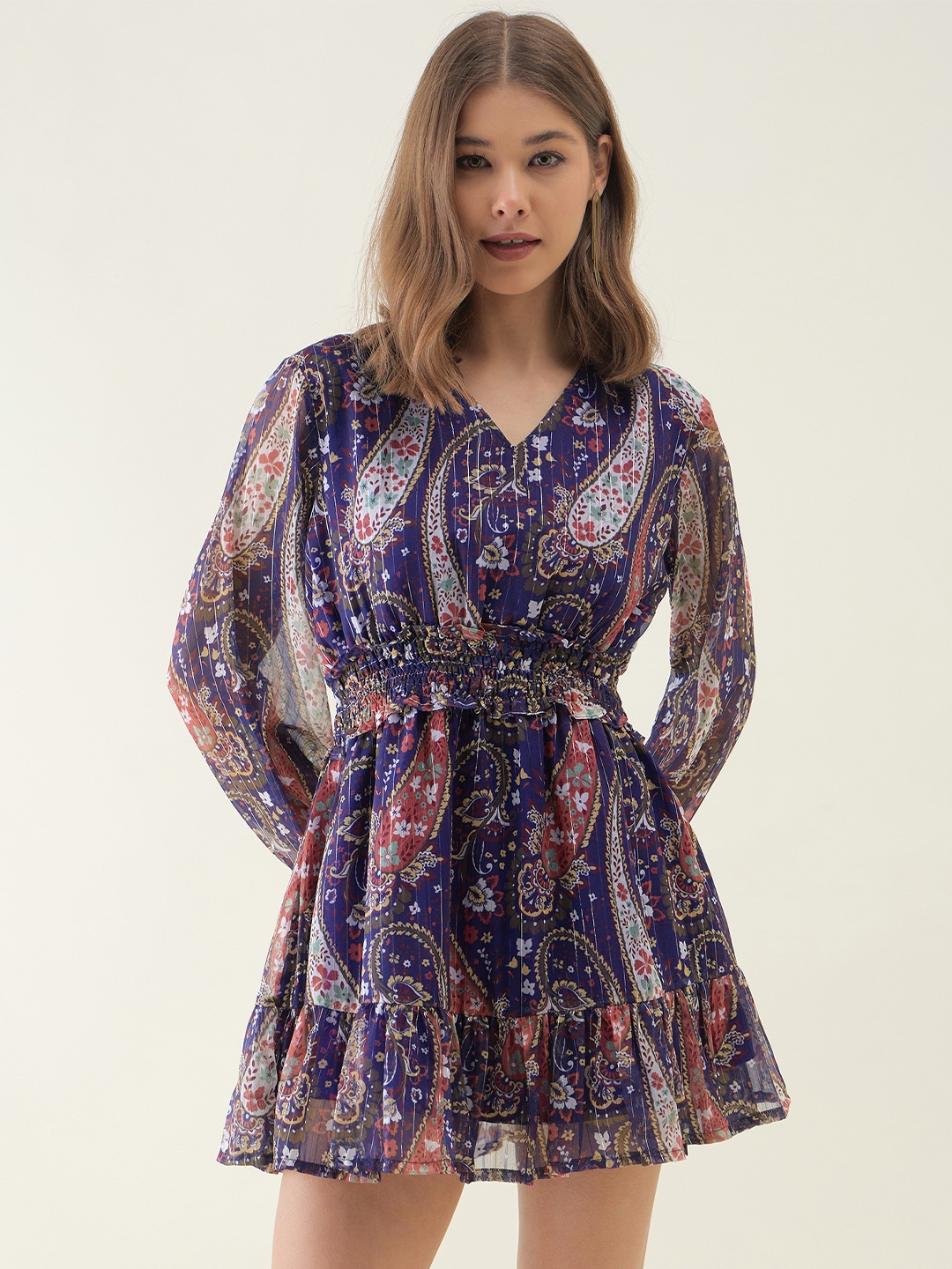 

OCTICS Women Ethnic Motifs Printed Puff Sleeves Fit & Flare Mini Dress, Blue