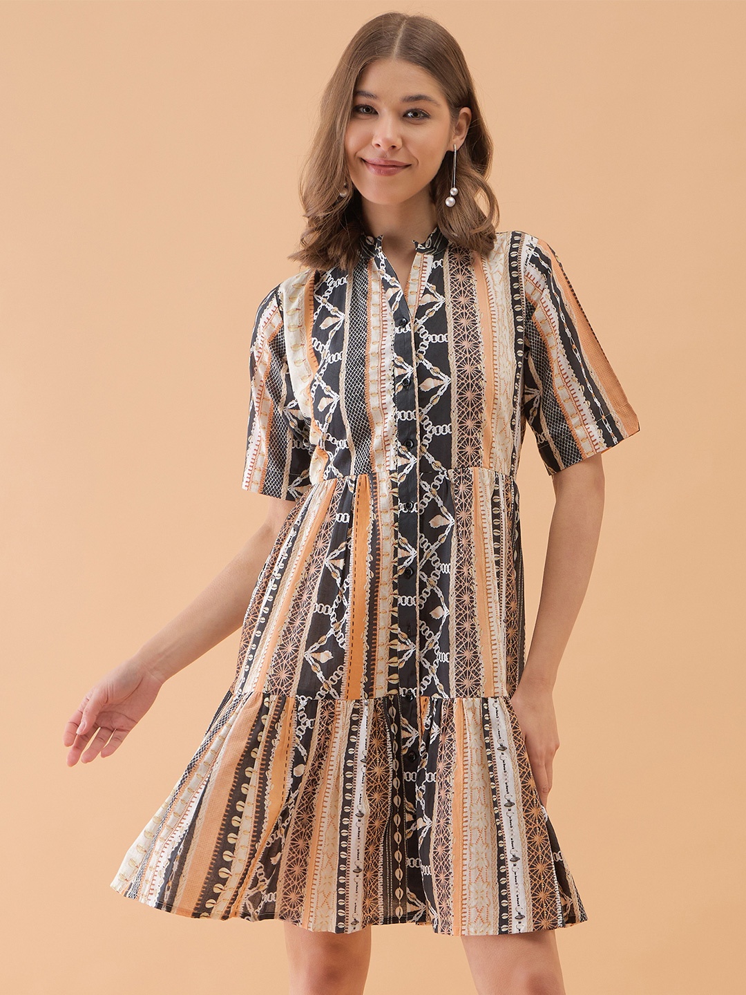 

OCTICS Women Geometric Printed A-Line Dress, Beige