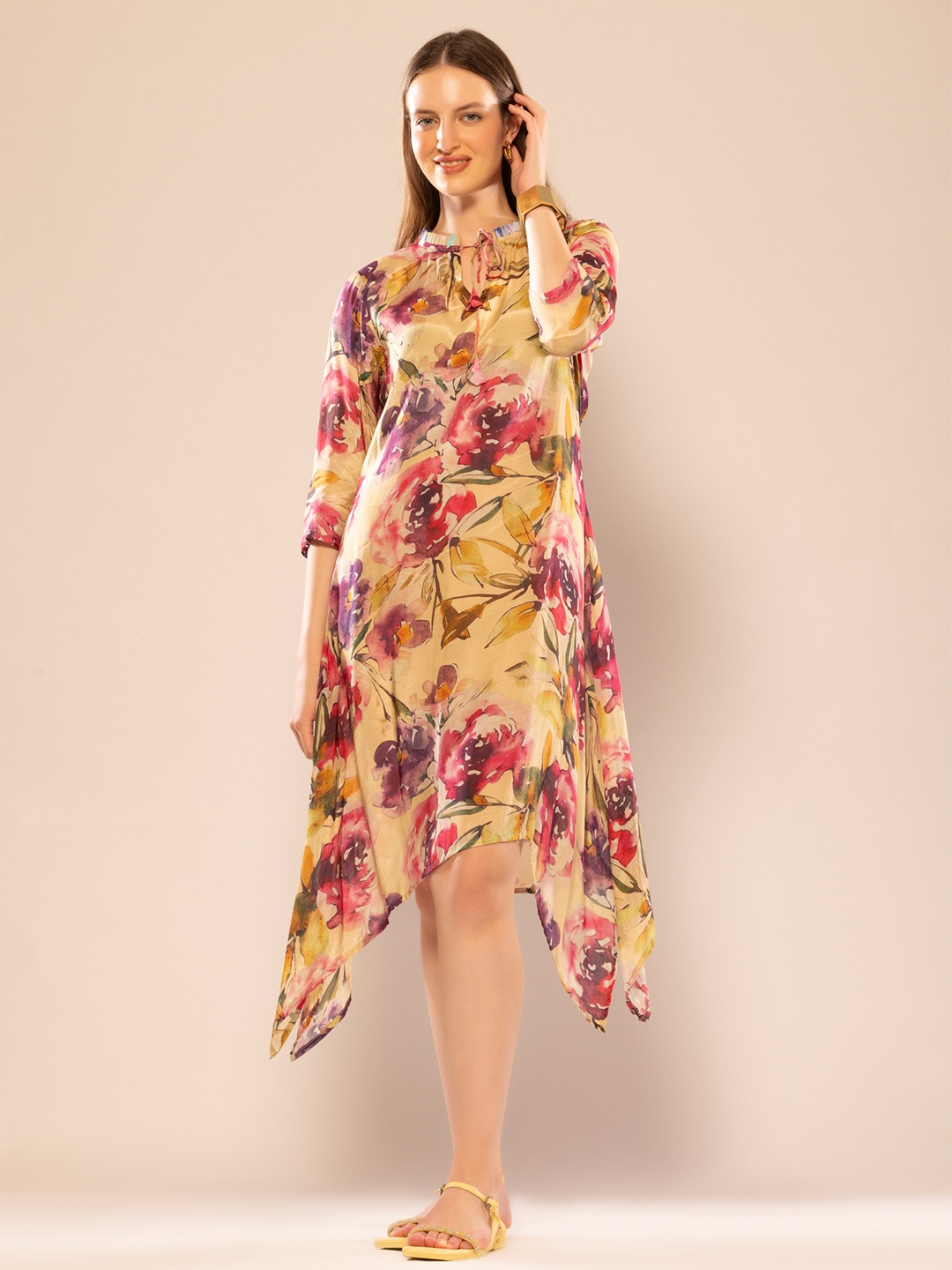 

OCTICS Women Floral Printed Tie-Up Neck A-Line Dress, Yellow