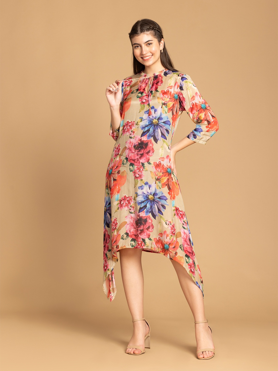 

OCTICS Women Floral Printed Tie-Up Neck A-Line Dress, Beige