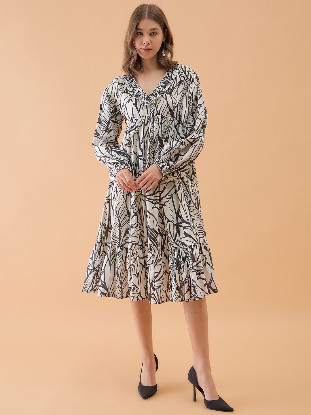 

OCTICS Women Abstract Printed Fit & Flare Maxi Dress, Beige