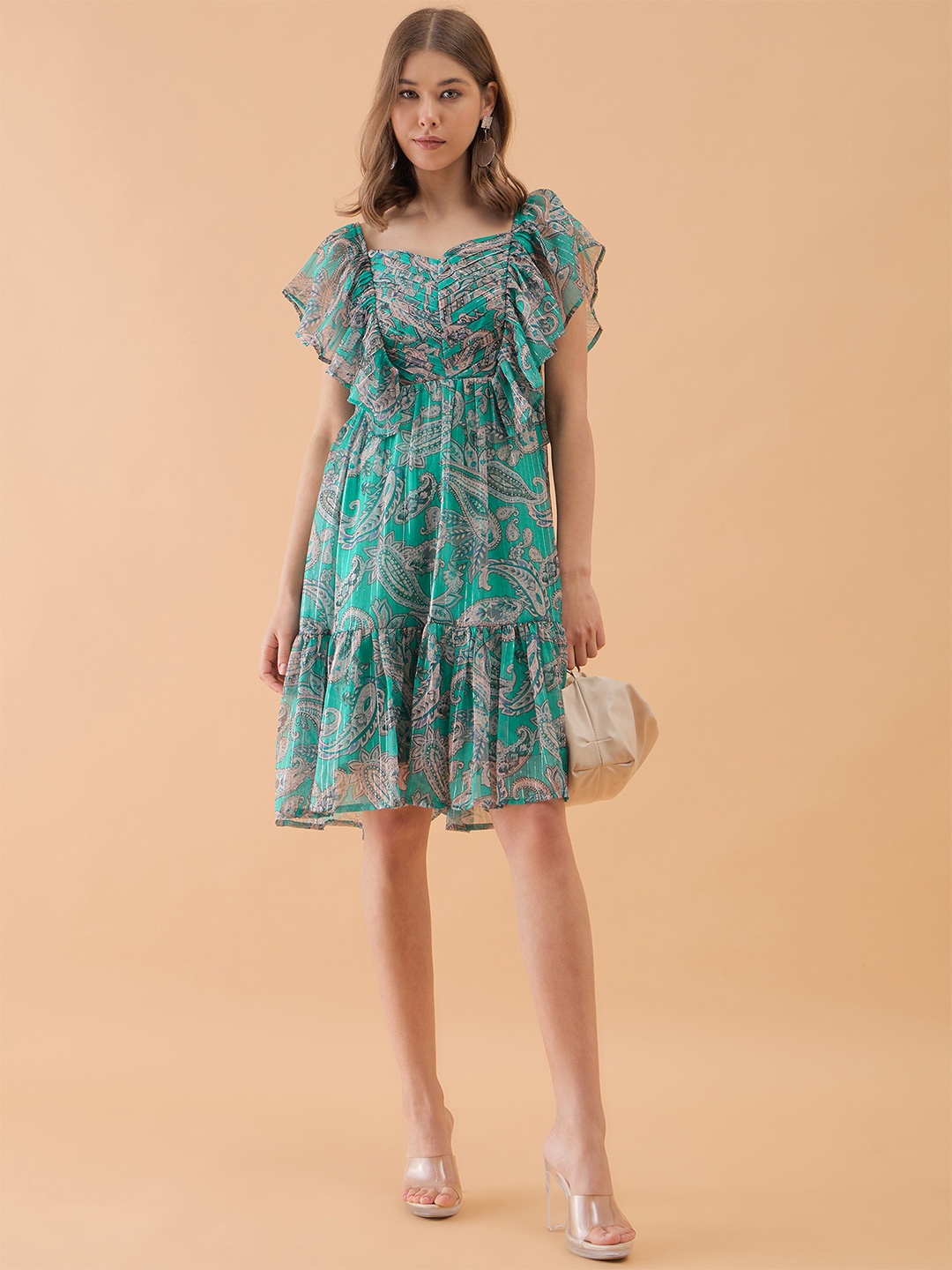 

OCTICS Women Ethnic Motifs Printed Flutter Sleeves A-Line Dress, Blue