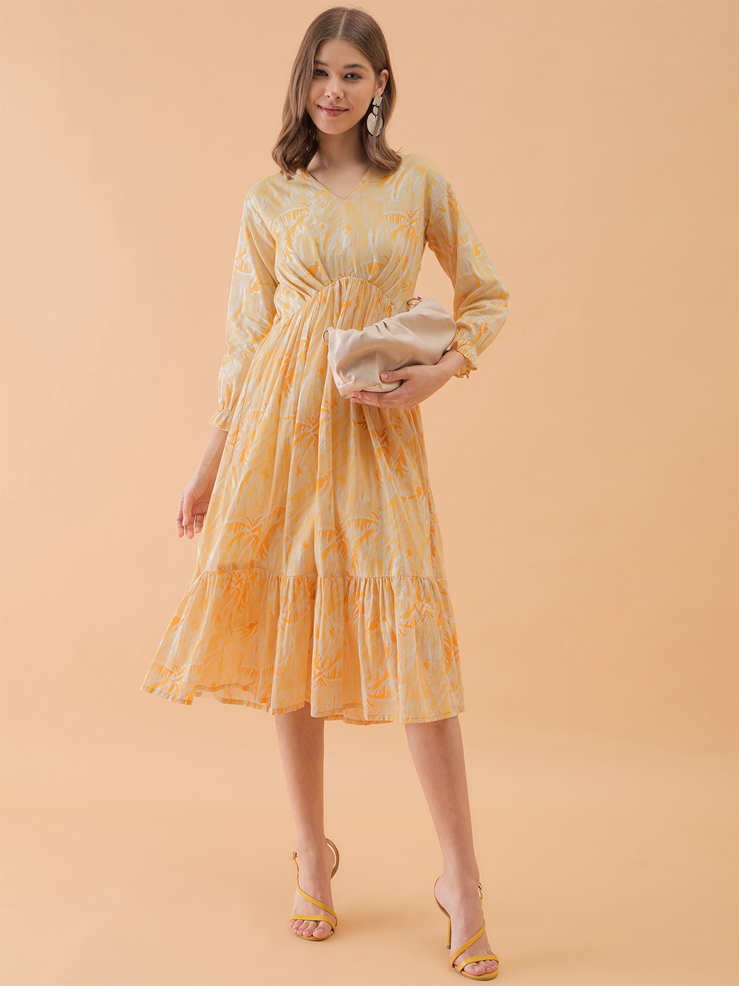 

OCTICS Printed Empire Dress, Yellow